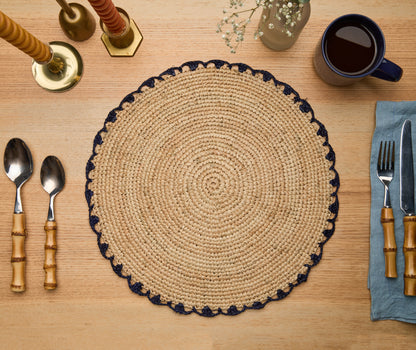 Handwoven Aura Blue Edge Placemat - Rustic Woven Raffia Tabletop Decor - Tampa Home & Garden Store