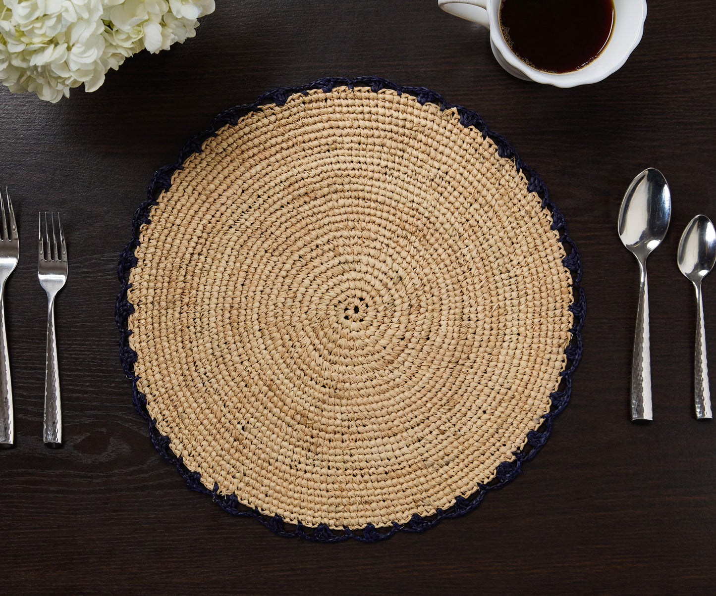 Handwoven Aura Blue Edge Placemat - Rustic Woven Raffia Tabletop Decor - Tampa Home & Garden Store