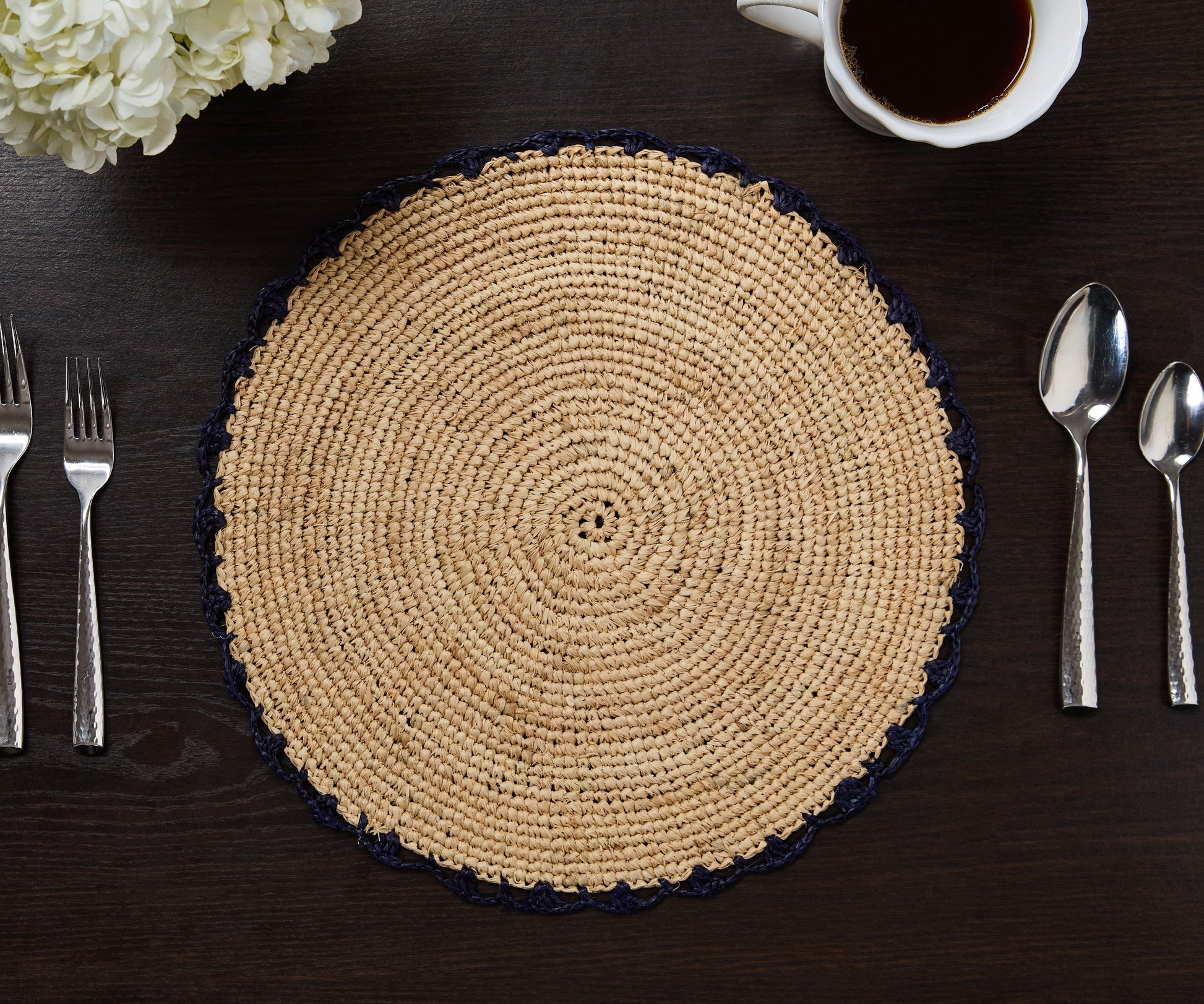 Handwoven Aura Blue Edge Placemat - Rustic Woven Raffia Tabletop Decor - Tampa Home & Garden Store