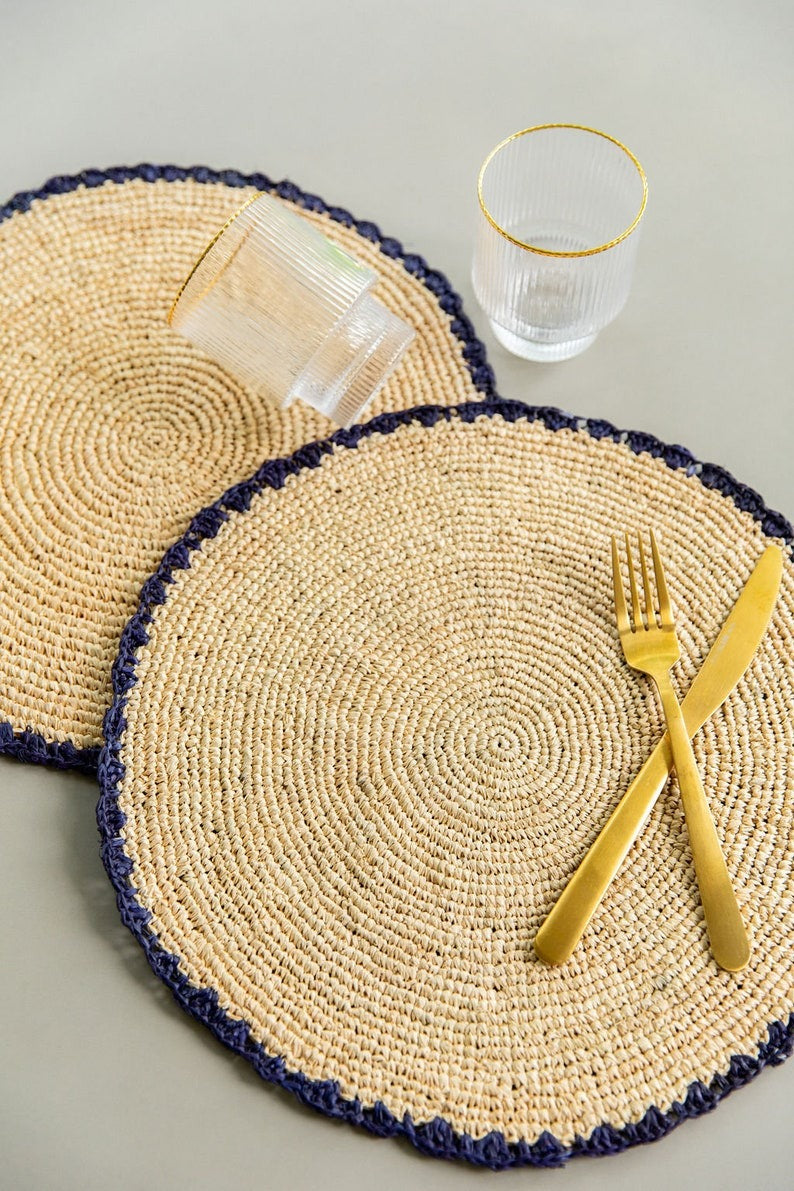 Handwoven Aura Blue Edge Placemat - Rustic Woven Raffia Tabletop Decor - Tampa Home & Garden Store