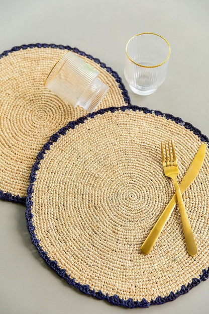 Handwoven Aura Blue Edge Placemat - Rustic Woven Raffia Tabletop Decor - Tampa Home & Garden Store
