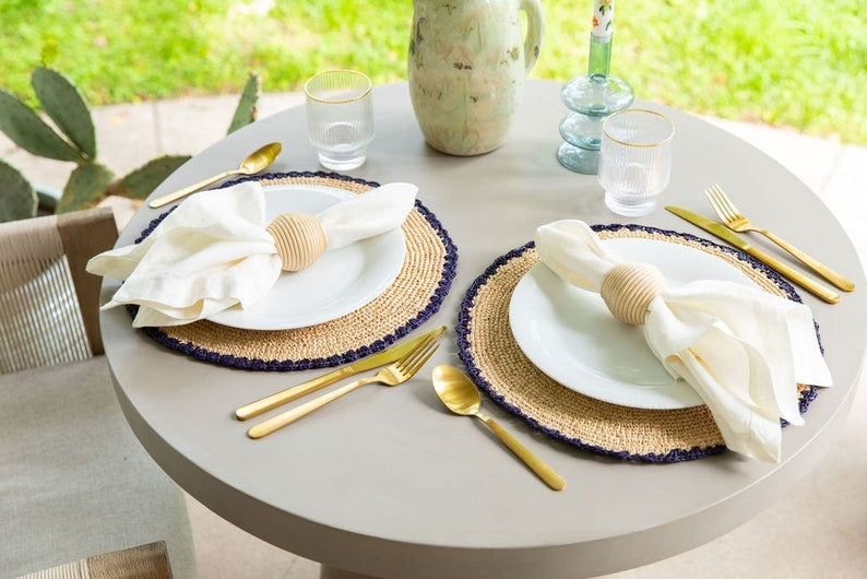 Handwoven Aura Blue Edge Placemat - Rustic Woven Raffia Tabletop Decor - Tampa Home & Garden Store