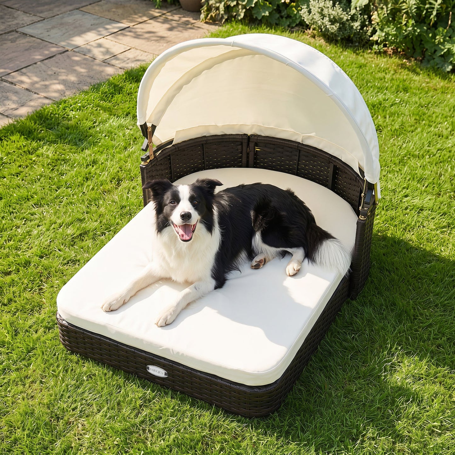 Rattan pet daybed with adjustable white canopy and cream cushion for small dogs DirectDeals on Tampa Home & Garden Store