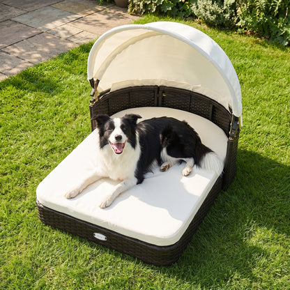 Rattan pet daybed with adjustable white canopy and cream cushion for small dogs DirectDeals on Tampa Home & Garden Store