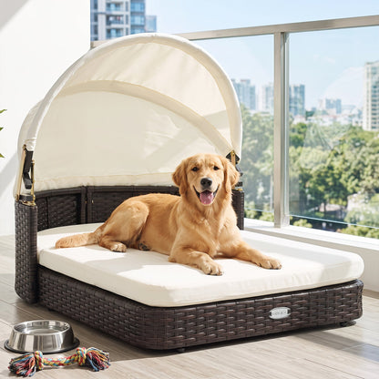 Rattan pet daybed with adjustable canopy cream cushion on PatioJoy wicker dog on balcony on Tampa Home & Garden Store