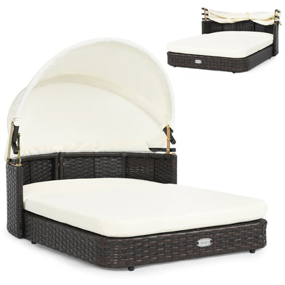 Rattan Pet Daybed with Adjustable Canopy dark brown wicker cream cushions DirectDeals on Tampa Home & Garden Store