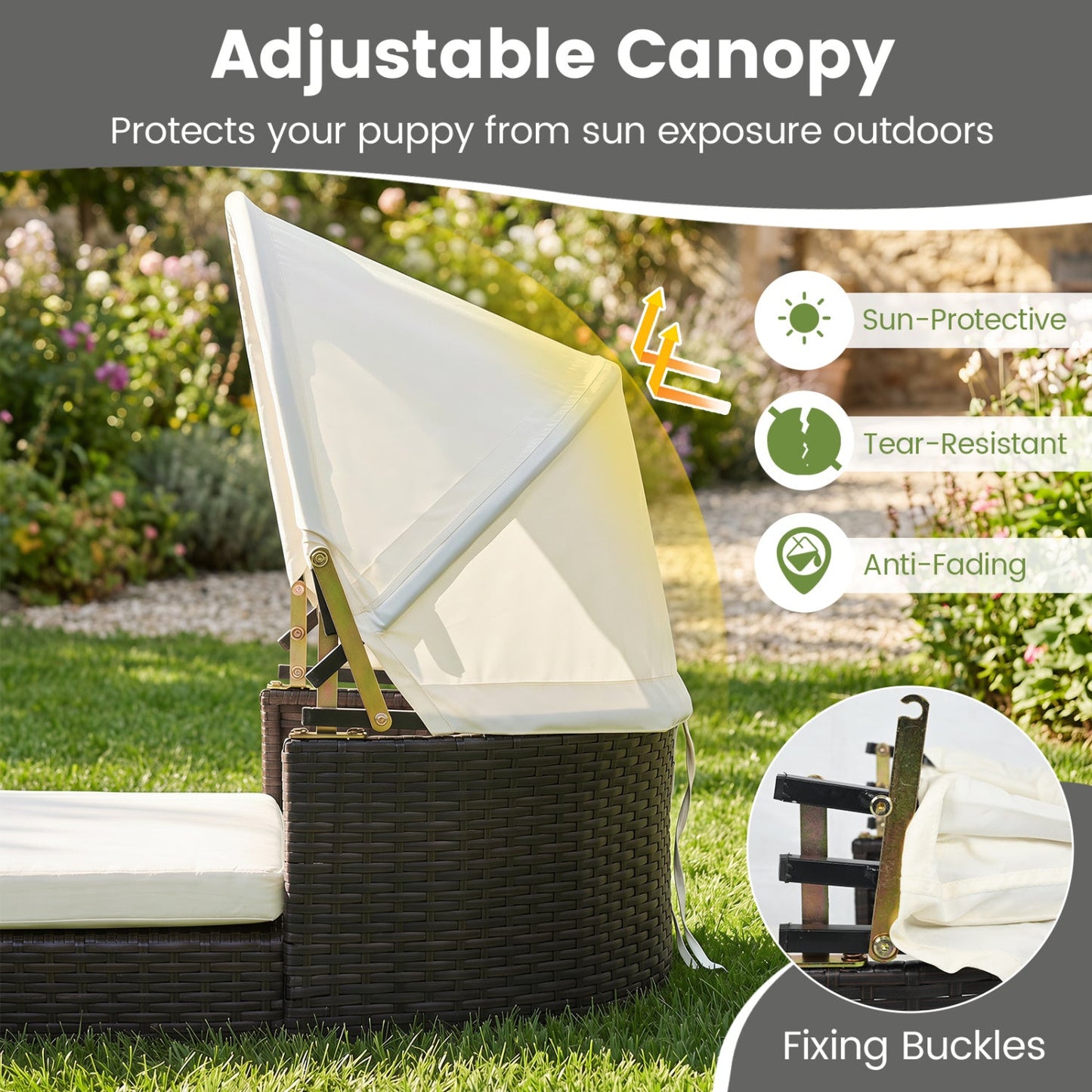 Dark brown rattan pet daybed with adjustable white canopy, DirectDeals outdoor pet bed on Tampa Home & Garden Store