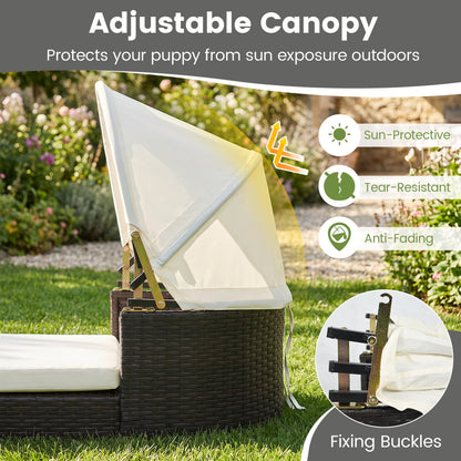 Dark brown rattan pet daybed with adjustable white canopy, DirectDeals outdoor pet bed on Tampa Home & Garden Store