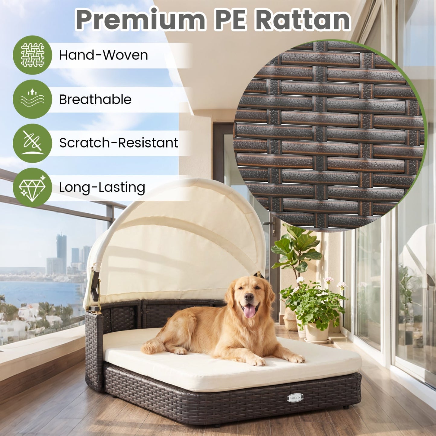 Rattan Pet Daybed with Adjustable Canopy, DirectDeals brown wicker cushion, dog lounging on Tampa Home & Garden Store