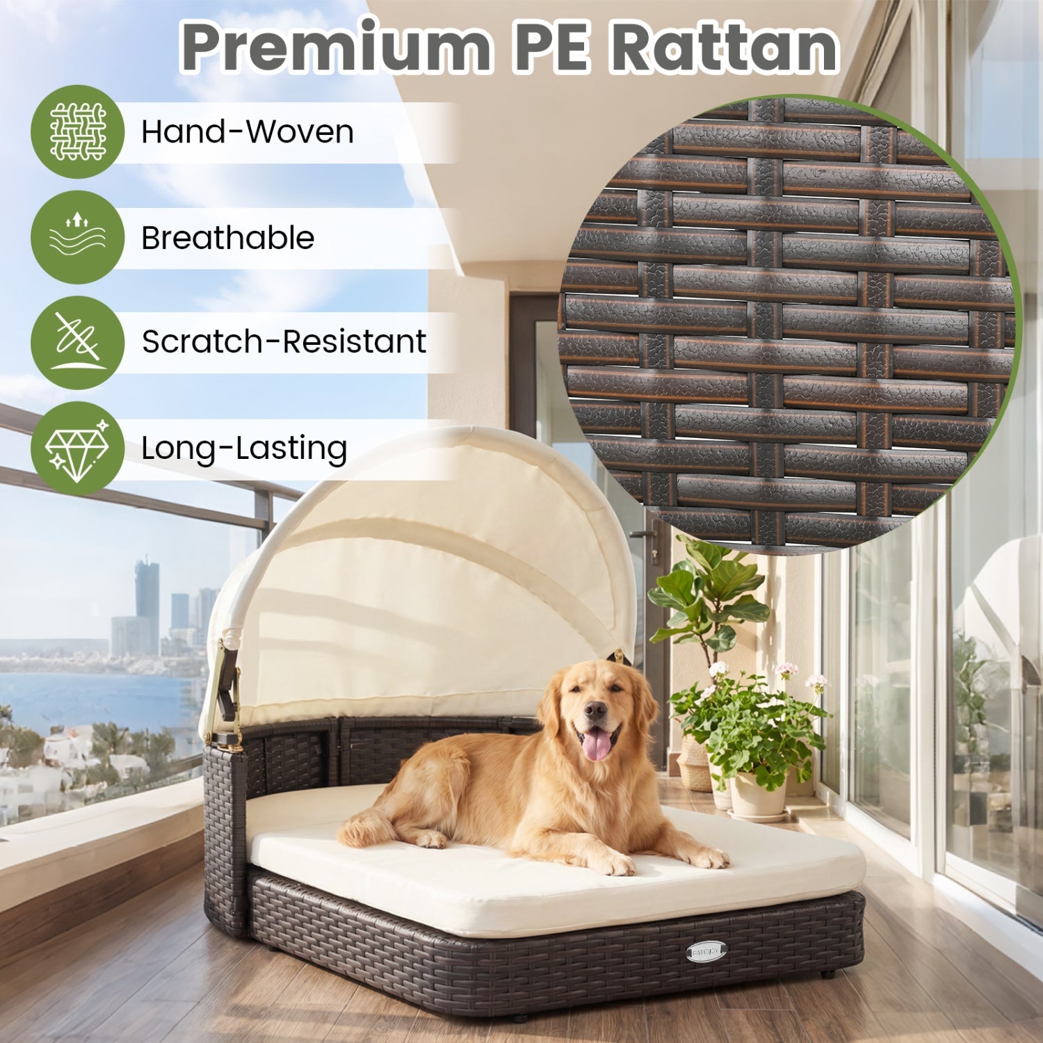 Rattan Pet Daybed with Adjustable Canopy, DirectDeals brown wicker cushion, dog lounging on Tampa Home & Garden Store