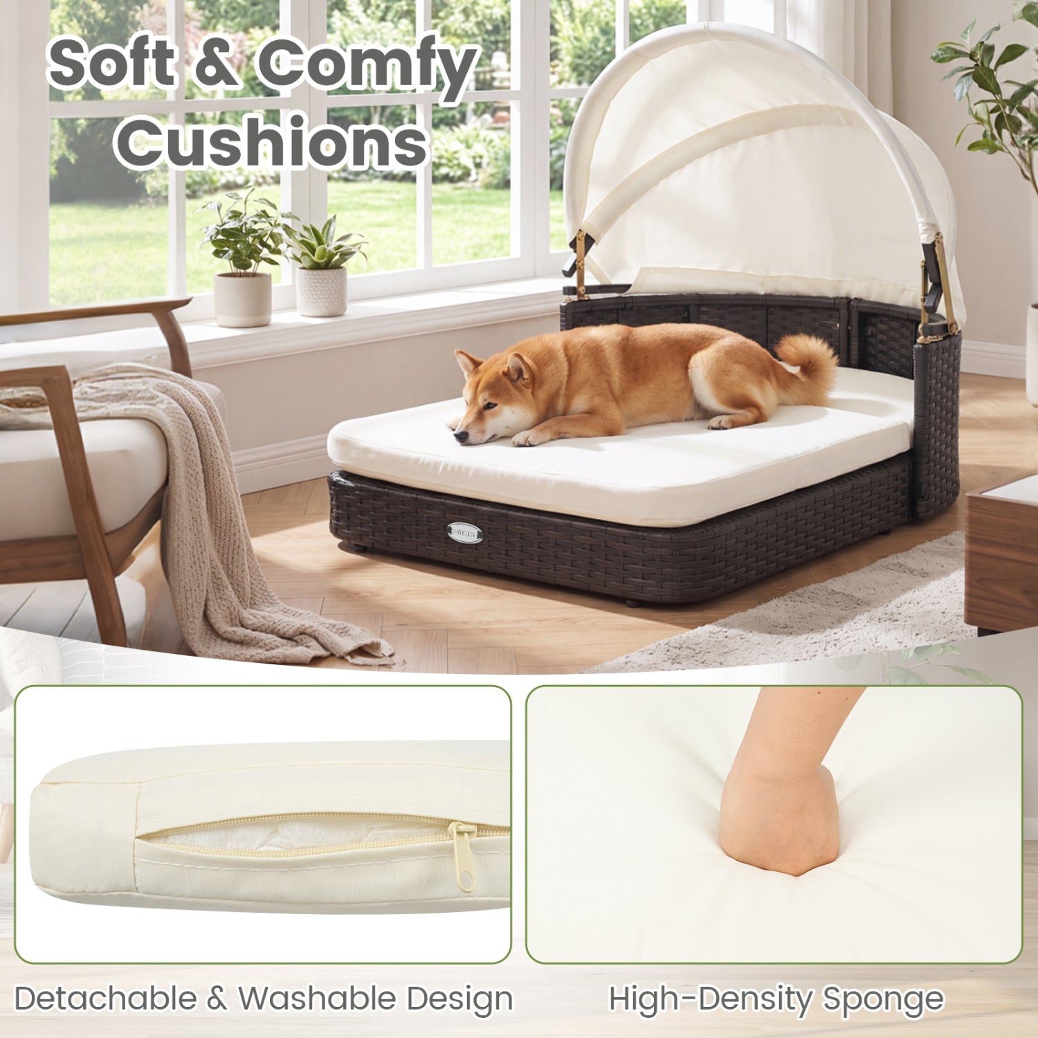 Rattan pet daybed by DirectDeals with adjustable canopy and white cushion on wicker frame on Tampa Home & Garden Store