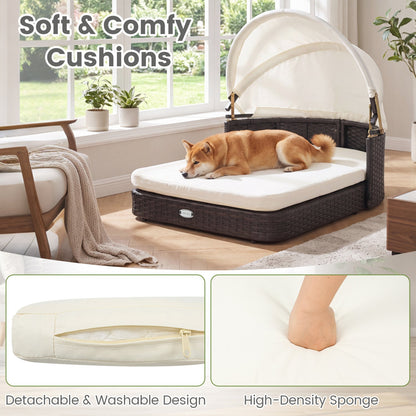 Rattan pet daybed by DirectDeals with adjustable canopy and white cushion on wicker frame on Tampa Home & Garden Store