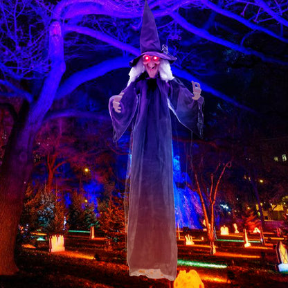 Hanging Halloween Witch with purple robe glowing red eyes pre-recorded phrases DirectDeals on Tampa Home & Garden Store