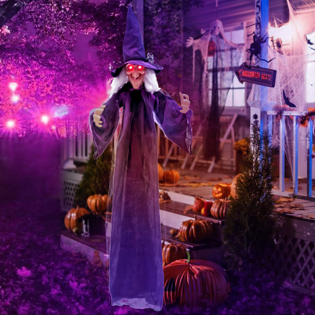 Hanging Halloween witch in purple robe with red eyes and pre-recorded phrases on Tampa Home & Garden Store