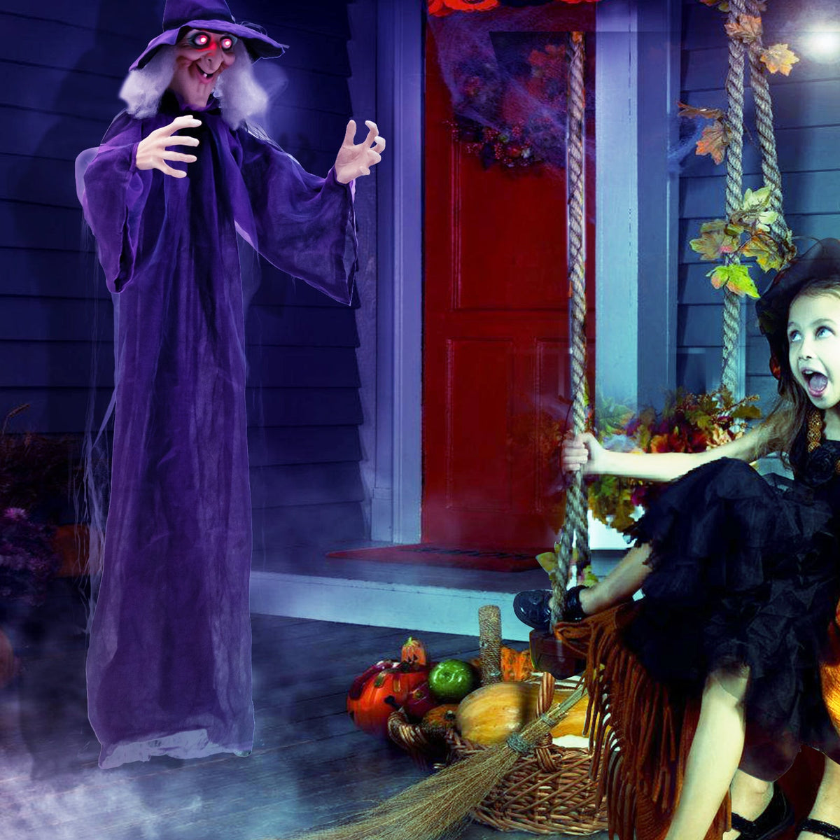 Hanging Halloween Decoration with Pre-Recorded Phrases, purple robe witch prop, DirectDeals on Tampa Home & Garden Store
