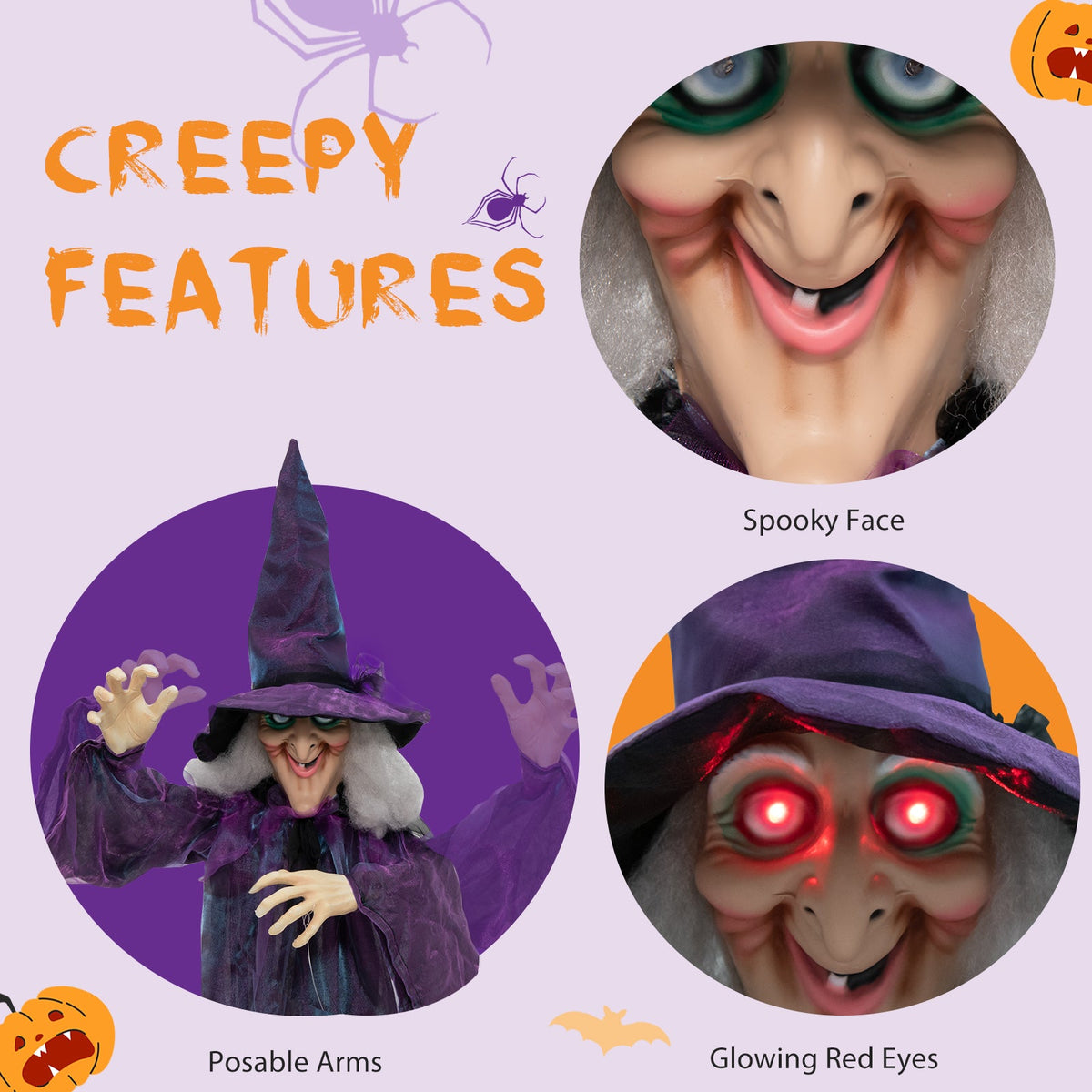 Hanging Halloween Decoration with Pre-Recorded Phrases by DirectDeals, spooky face with glowing red eyes and posable arms holiday ornament on Tampa Home & Garden Store