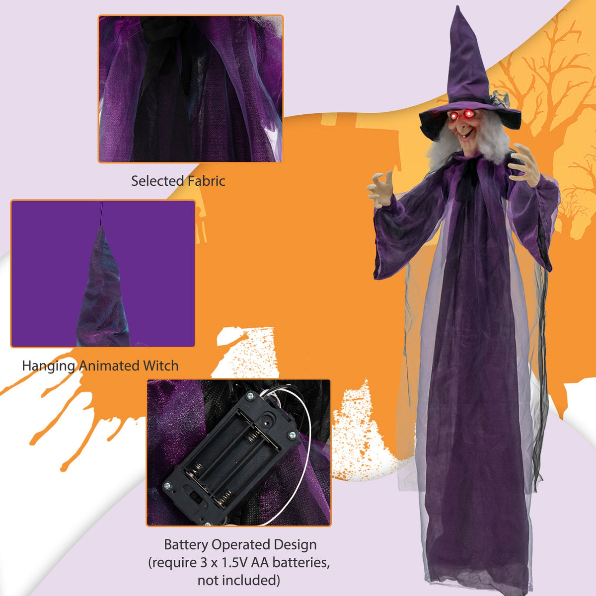 Hanging Halloween Decoration: purple witch with hat, glowing red eyes, battery-operated on Tampa Home & Garden Store