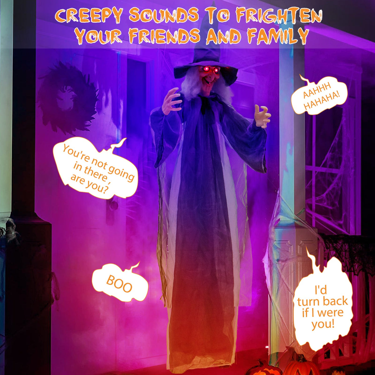 Hanging Halloween Decoration DirectDeals, purple-robed witch ghost with glowing red eyes on Tampa Home & Garden Store