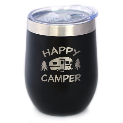 Happy Camper Wine Tumbler with Sliding Lid - Stemless Stainless Steel Insulated Cup - Cute Outdoor Camping Mug - Tampa soil911.com