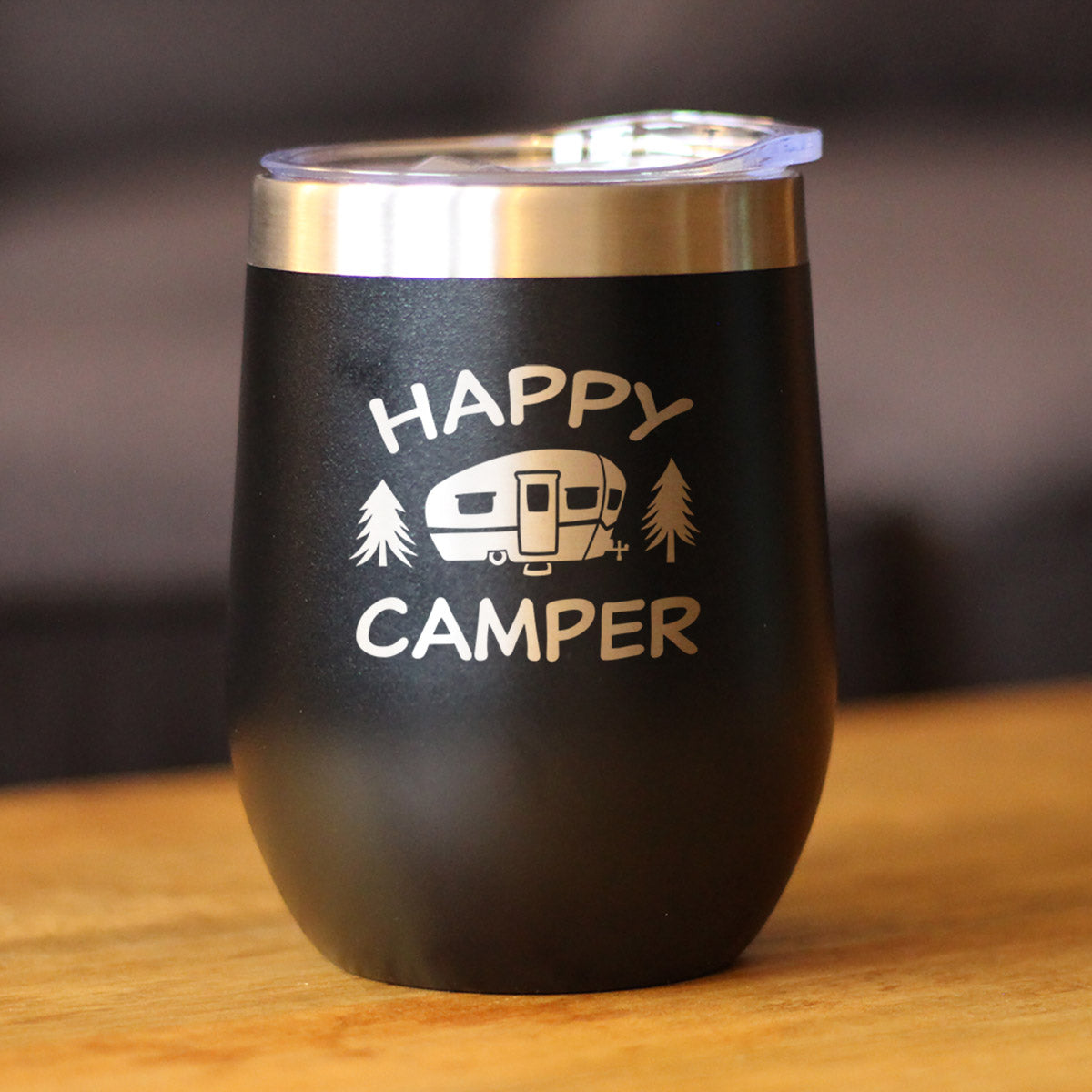 Happy Camper Wine Tumbler with Sliding Lid - Stemless Stainless Steel Insulated Cup - Cute Outdoor Camping Mug - Tampa soil911.com