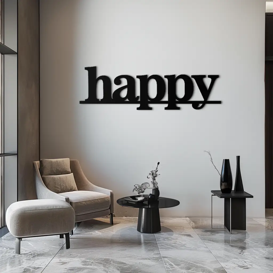 Happy metal wall art sign, black matte underline word decor for modern home on Tampa Home & Garden Store