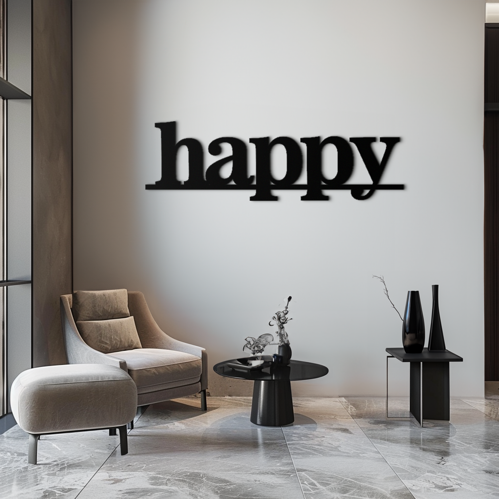 Happy Metal Wall Art - Modern Minimalist Word Sign Decor - KAF127 - Tampa Home & Garden Store