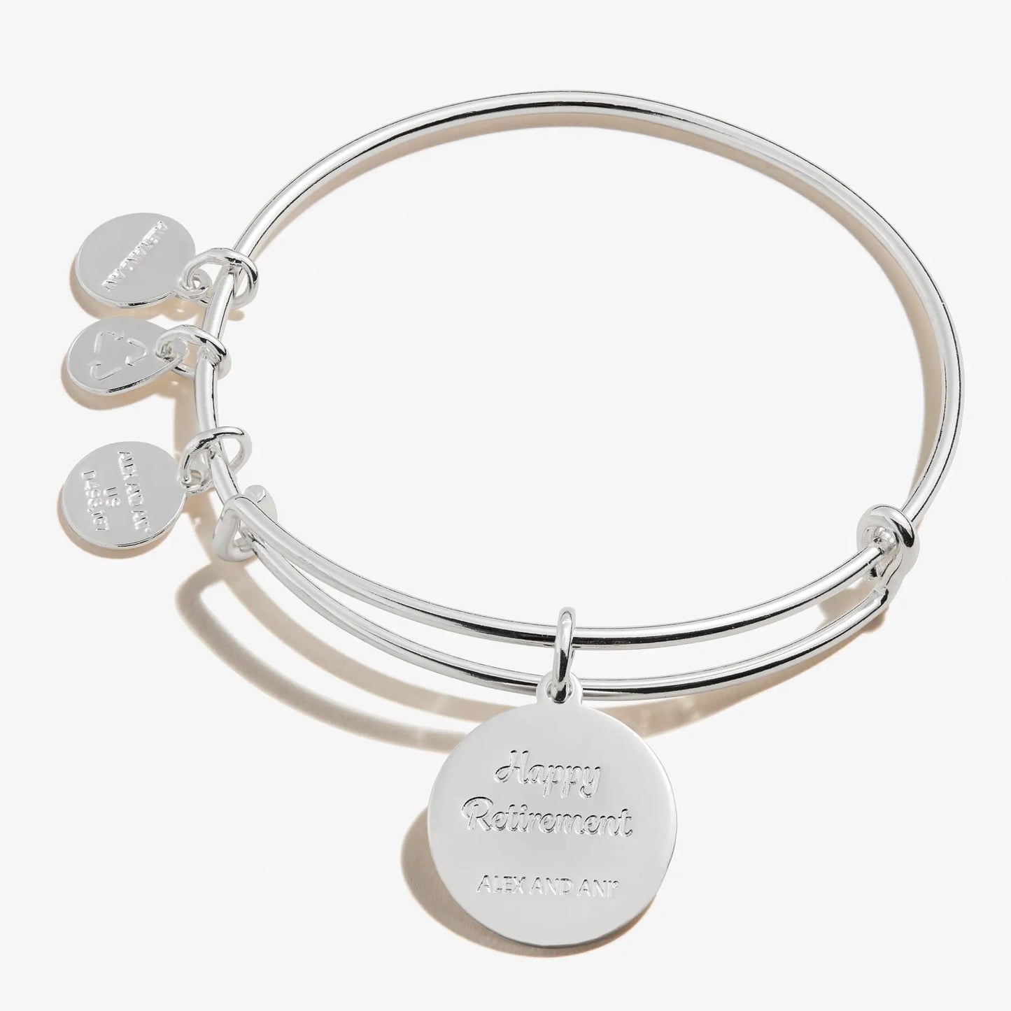 Happy Retirement Charm Bangle by ALEX AND ANI, silver-tone bracelet with engraved round charms on Tampa Home & Garden Store