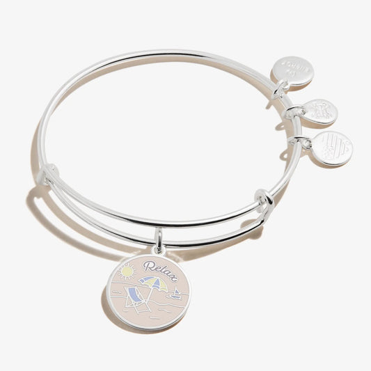 Happy Retirement charm bangle by ALEX AND ANI, silver-tone bracelet with round charms on Tampa Home & Garden Store