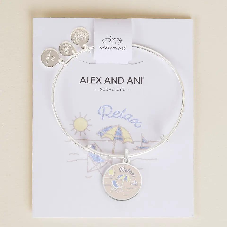 Bracelet ALEX AND ANI Retirement charm silver bangle with beach pendant on card on Tampa Store on Tampa Home & Garden Store