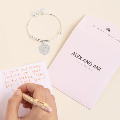Bracelet Happy Retirement Bangle Alex and Ani, silver bangle with 3 disc charms and pendant on Tampa Home & Garden Store
