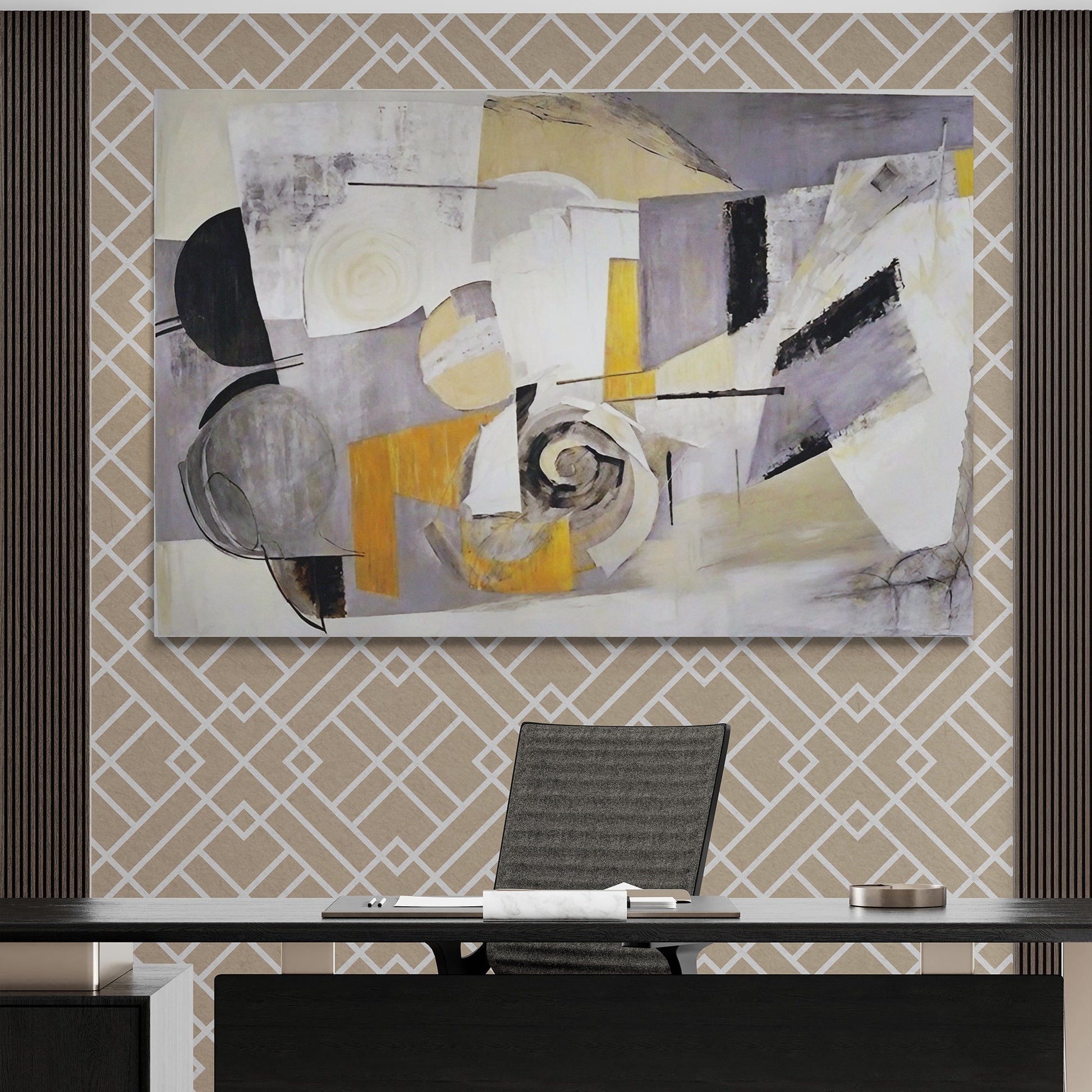 Canvas Print Harmonic Dissonance by Tailored Canvases, abstract gray-yellow shapes on beige wall on Tampa Home & Garden Store