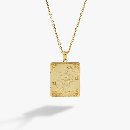Harry Potter Mischief Managed locket necklace gold-tone pendant with Marauder's Map engraving on Tampa Home & Garden Store