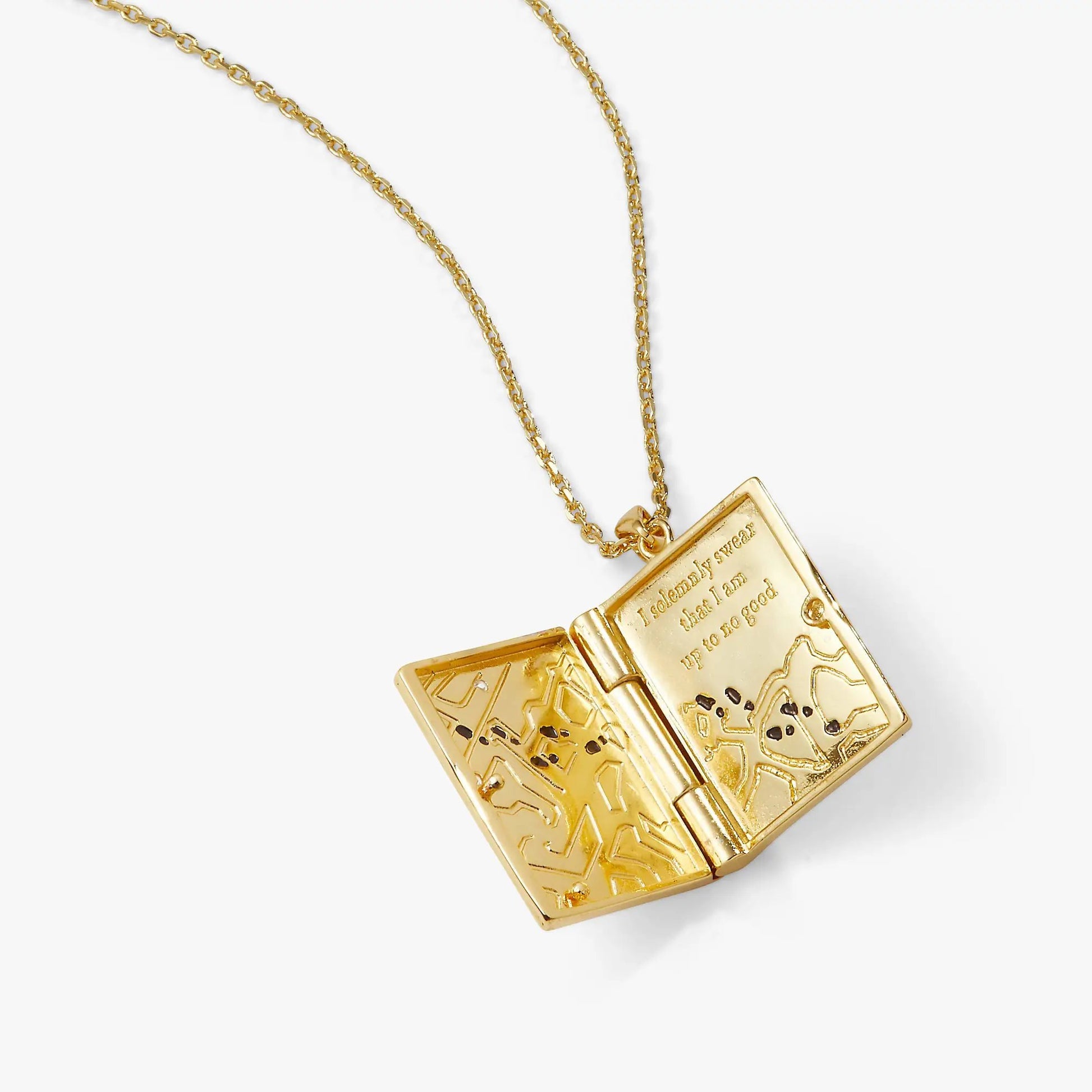 Gold tone Harry Potter Mischief Managed locket necklace by Alex and Ani with engraved map panels on Tampa Home & Garden Store