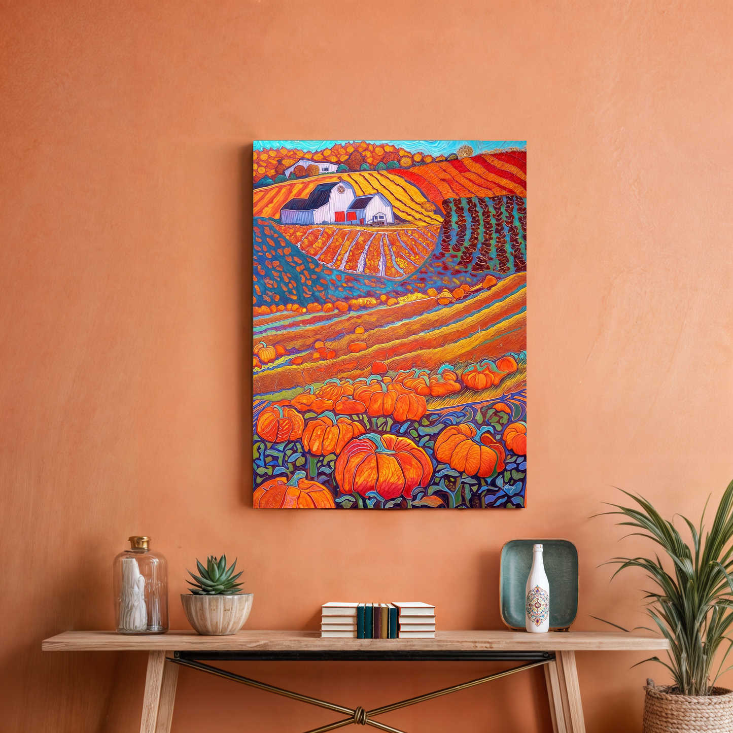Canvas Print: Harvest Hues by Tailored Canvases, vibrant autumn pumpkin patch landscape on Tampa Home & Garden Store