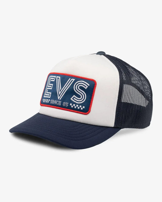 EVS Torino hat, white front with navy brim and mesh back, blue EVS patch with red edge on Tampa Home & Garden Store