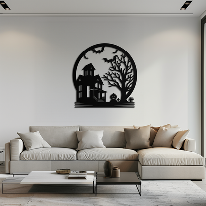 Haunted House & Bat Scene Metal Wall Art – Spooky Halloween Decor- KAF373 - Tampa Home & Garden Store