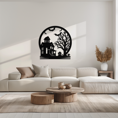 Haunted House & Bat Scene Metal Wall Art – Spooky Halloween Decor- KAF373 - Tampa Home & Garden Store