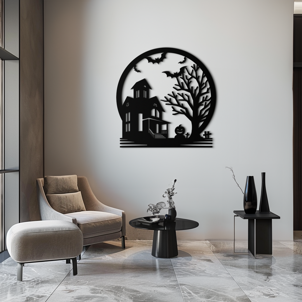 Haunted House & Bat Scene Metal Wall Art – Spooky Halloween Decor- KAF373 - Tampa Home & Garden Store