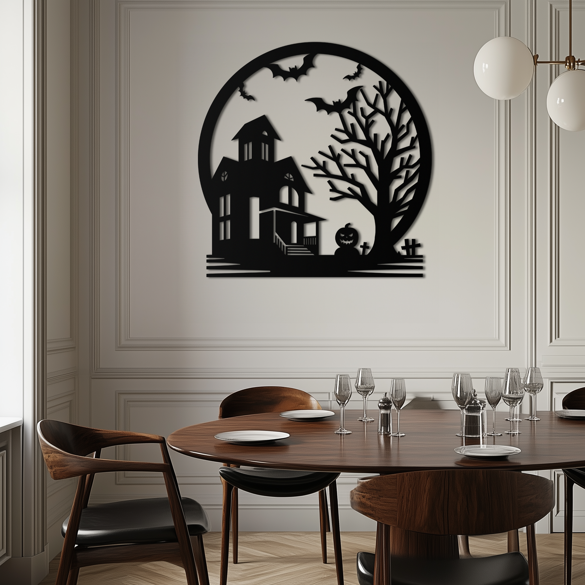 Haunted House & Bat Scene Metal Wall Art – Spooky Halloween Decor- KAF373 - Tampa Home & Garden Store