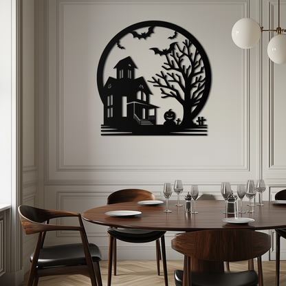 Haunted House & Bat Scene Metal Wall Art – Spooky Halloween Decor- KAF373 - Tampa Home & Garden Store