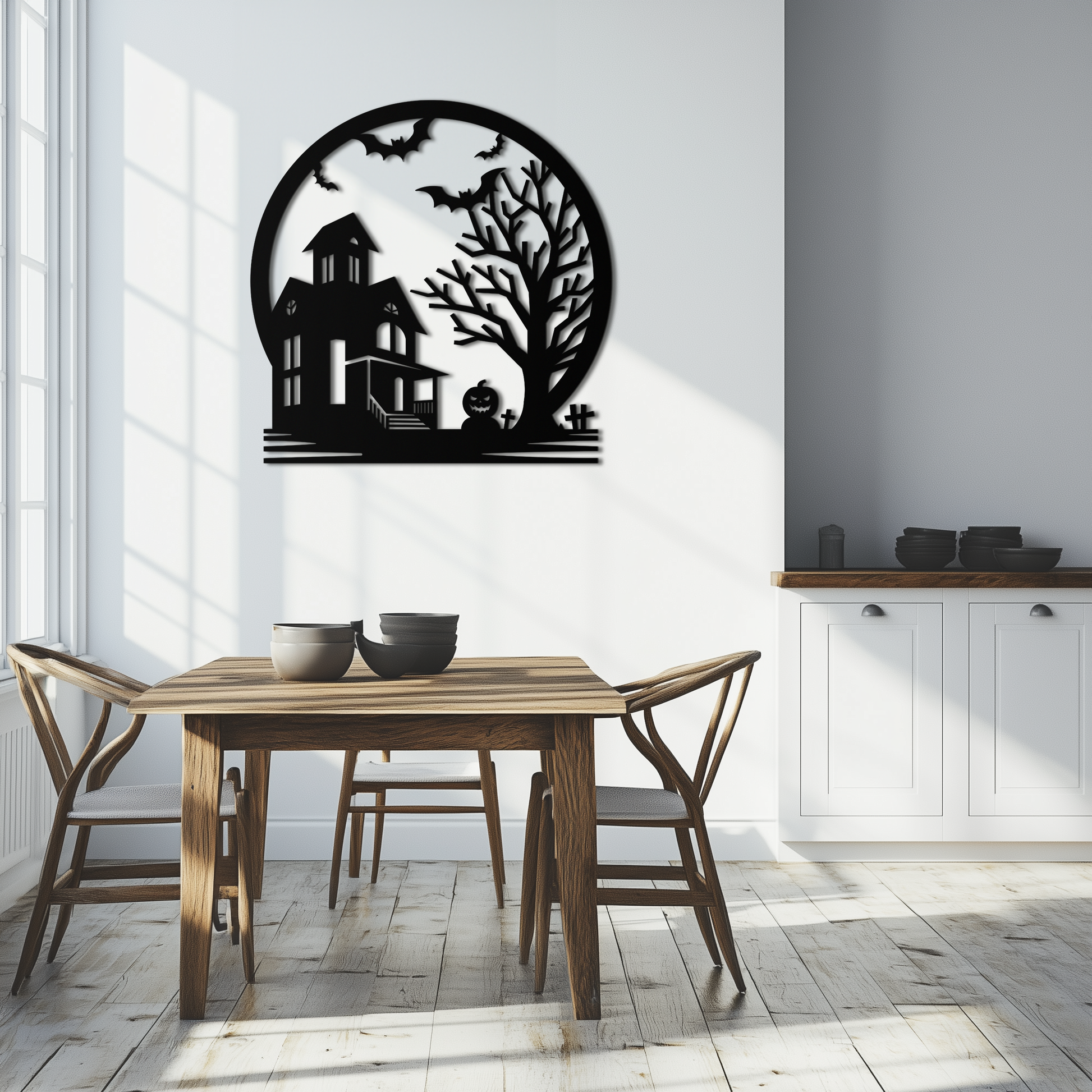 Haunted House & Bat Scene Metal Wall Art – Spooky Halloween Decor- KAF373 - Tampa Home & Garden Store