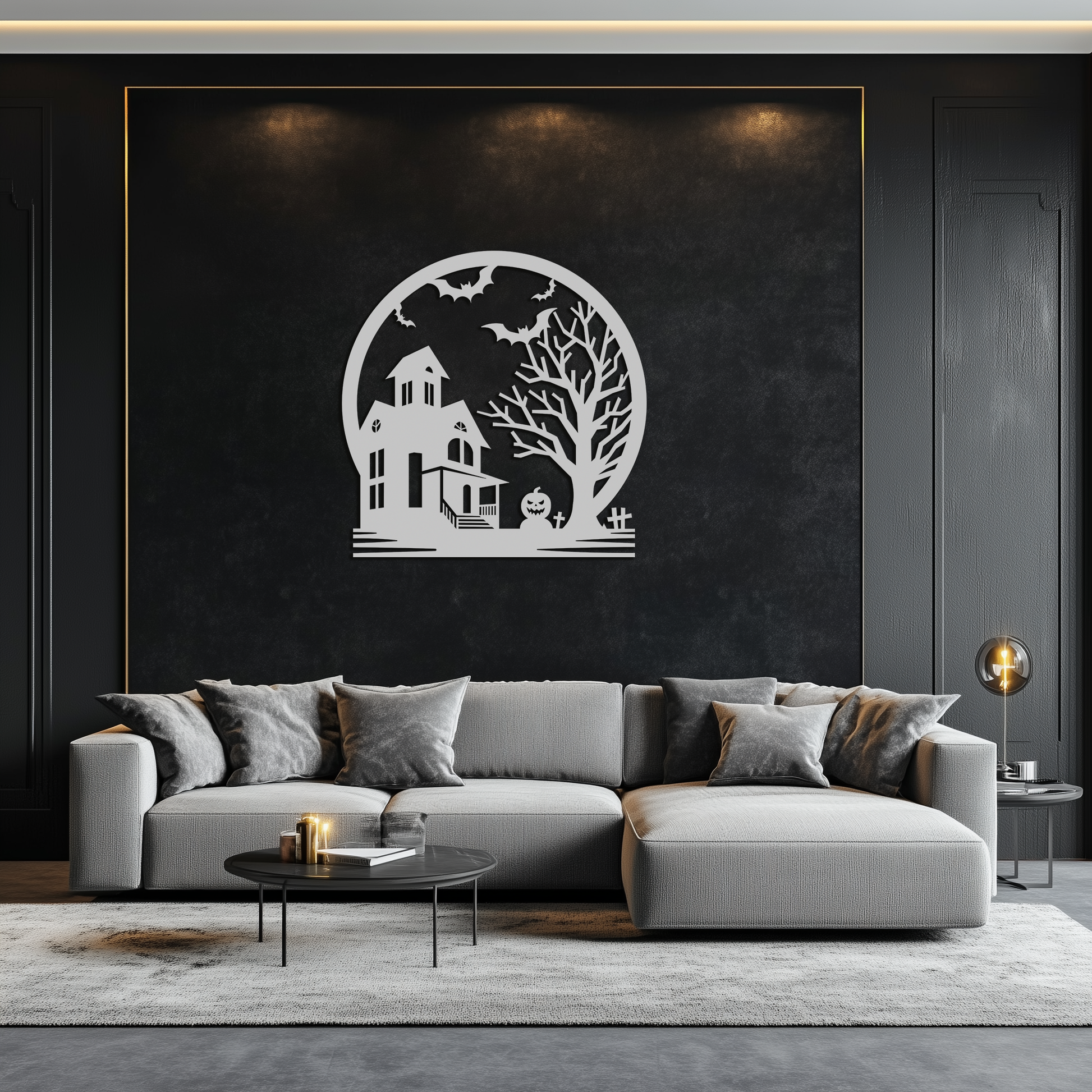 Haunted House & Bat Scene Metal Wall Art – Spooky Halloween Decor- KAF373 - Tampa Home & Garden Store