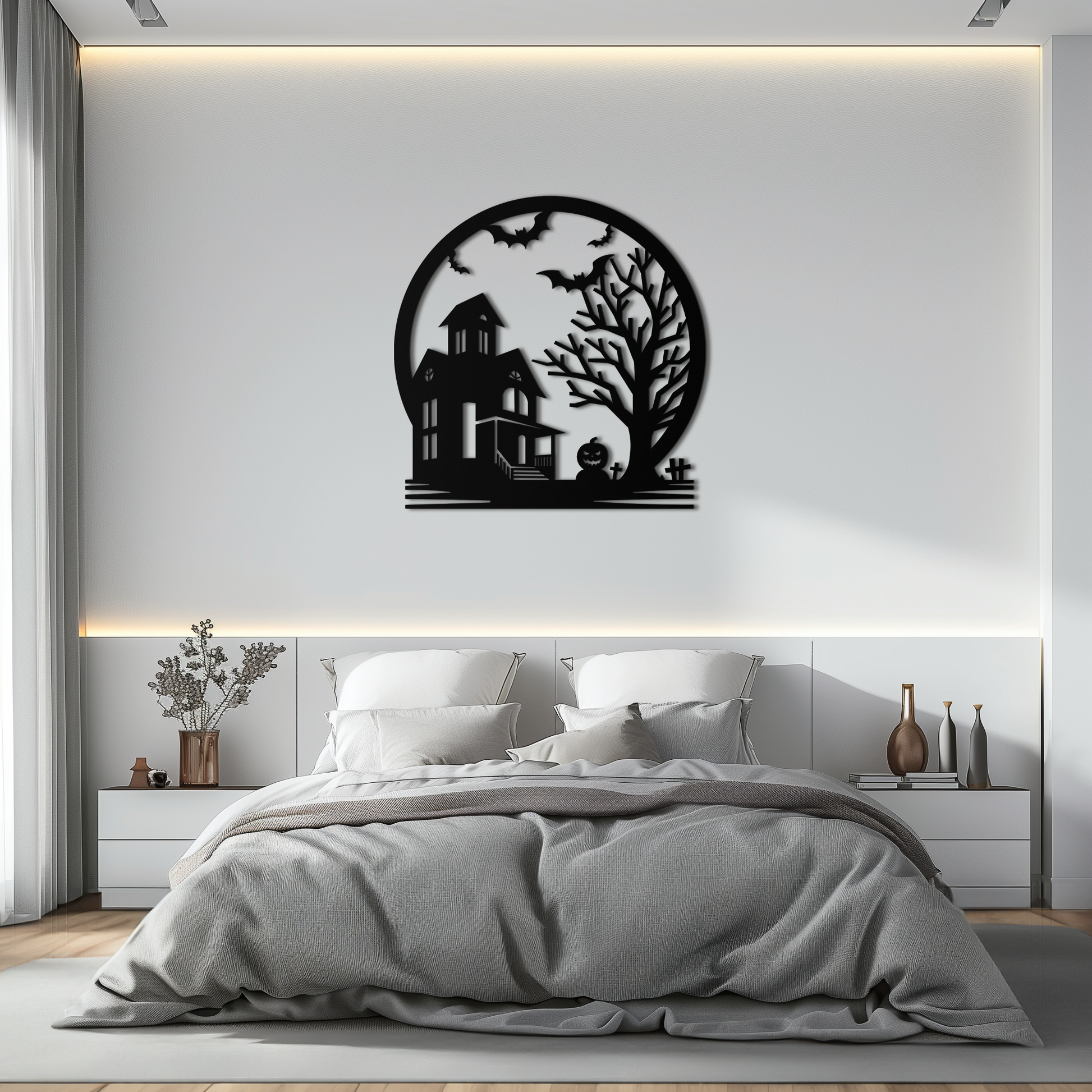 Haunted House & Bat Scene Metal Wall Art – Spooky Halloween Decor- KAF373 - Tampa Home & Garden Store