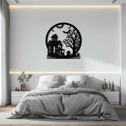 Haunted House & Bat Scene Metal Wall Art – Spooky Halloween Decor- KAF373 - Tampa Home & Garden Store
