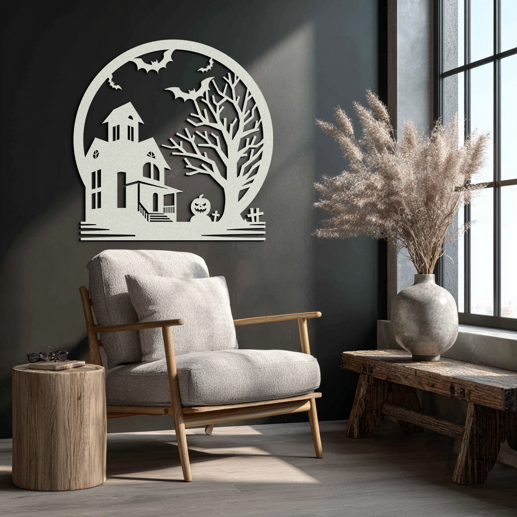 Haunted House & Bat Scene Metal Wall Art – Spooky Halloween Decor- KAF373 - Tampa Home & Garden Store