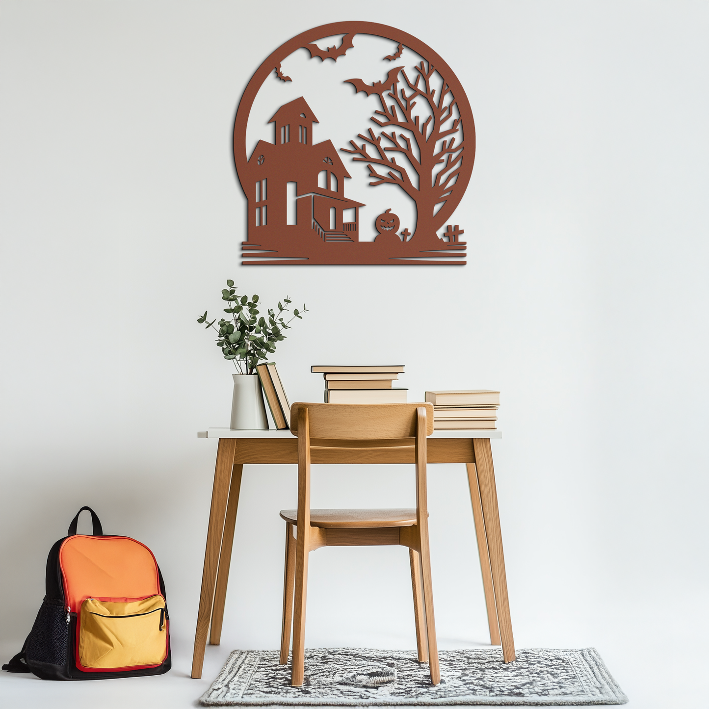 Haunted House & Bat Scene Metal Wall Art – Spooky Halloween Decor- KAF373 - Tampa Home & Garden Store