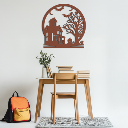 Haunted House & Bat Scene Metal Wall Art – Spooky Halloween Decor- KAF373 - Tampa Home & Garden Store