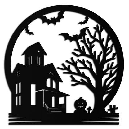 Haunted House & Bat Scene Metal Wall Art – Spooky Halloween Decor- KAF373 - Tampa Home & Garden Store