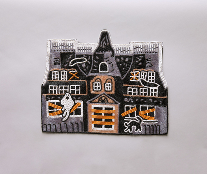 Haunted House Beaded Placemat – Handmade Halloween Table Mat – Spooky Ghost Cat Decor – Gothic Fall Dining Accent - Tampa Home & Garden Store