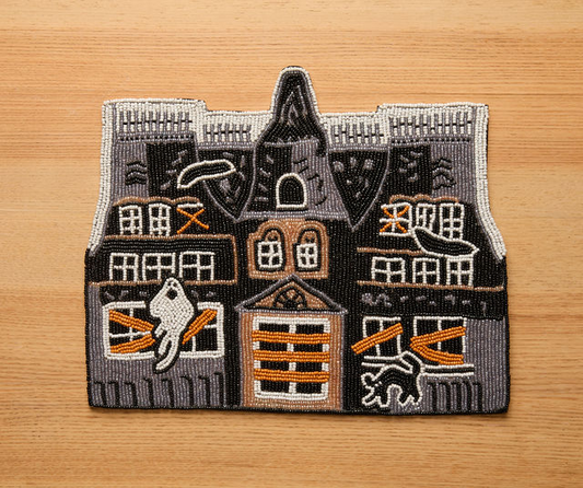 Haunted House Beaded Placemat – Handmade Halloween Table Mat – Spooky Ghost Cat Decor – Gothic Fall Dining Accent - Tampa Home & Garden Store